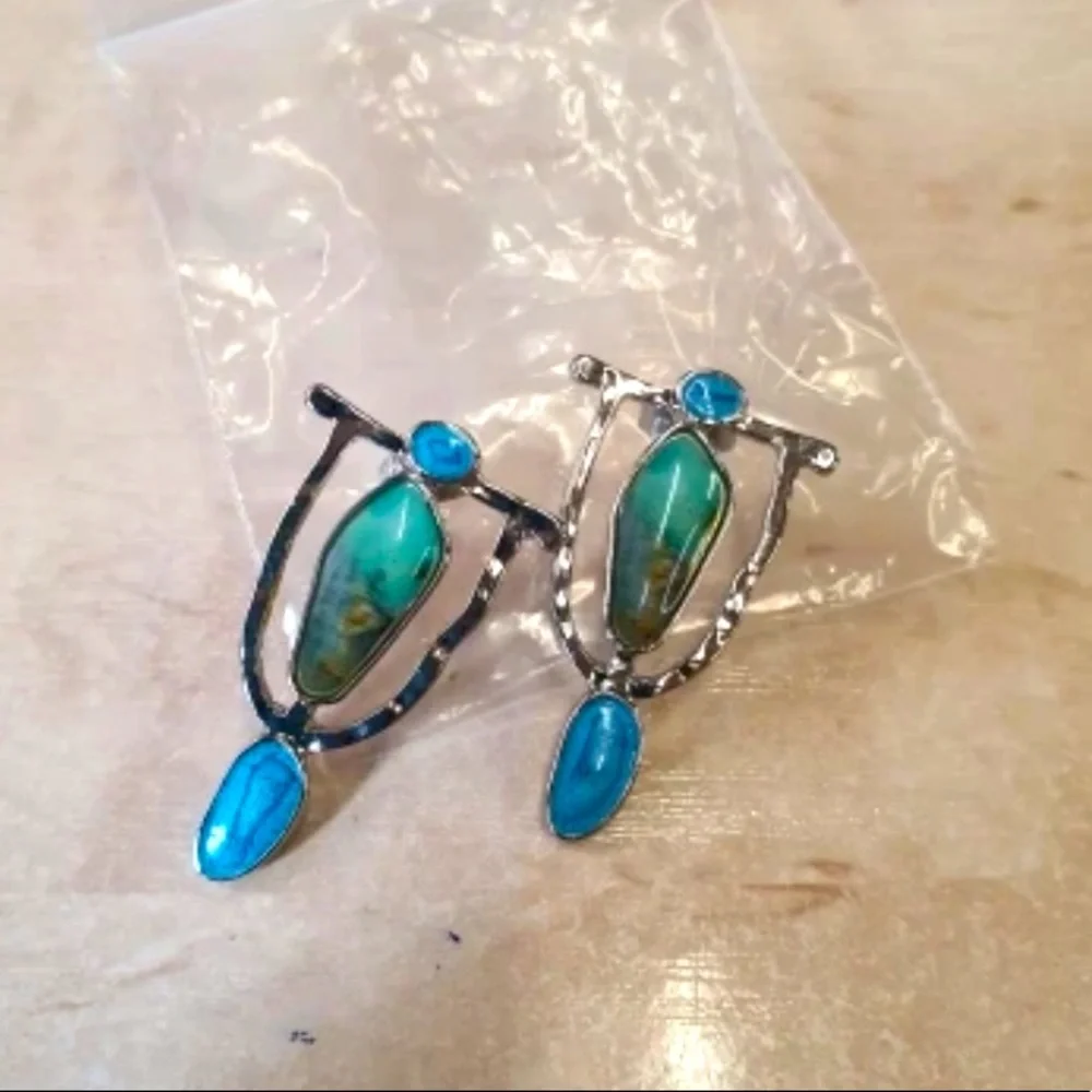 Silver Turquoise Drop Earrings - Blue-Green Stones